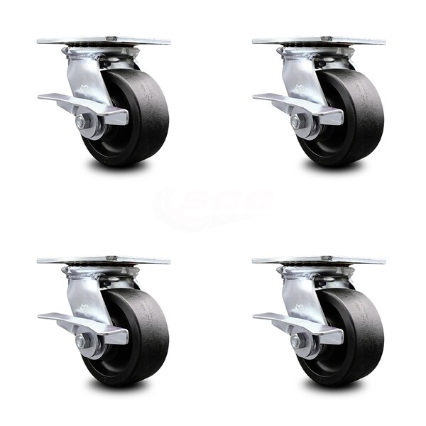 Service Caster 5 Inch Heavy Duty Glass Filled Nylon Caster Set with Roller Bearings and Brakes SCC-35S520-GFNR-SLB-4 - main